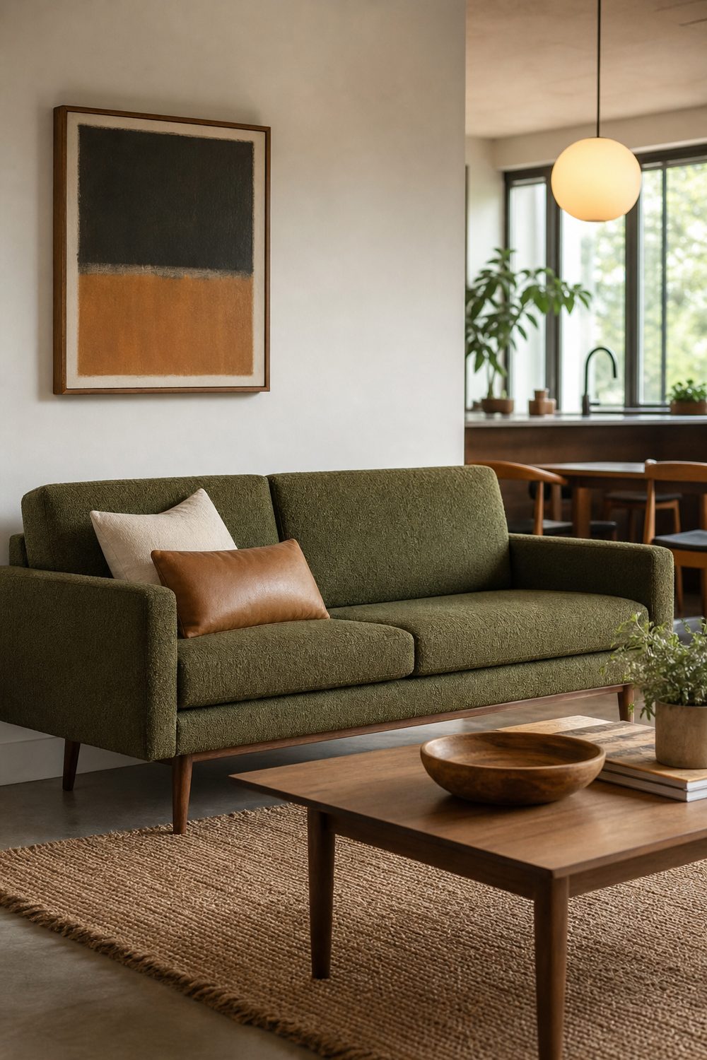 Moss green wool mid century modern sofa with tapered walnut legs and a low clean profile in an open-plan space