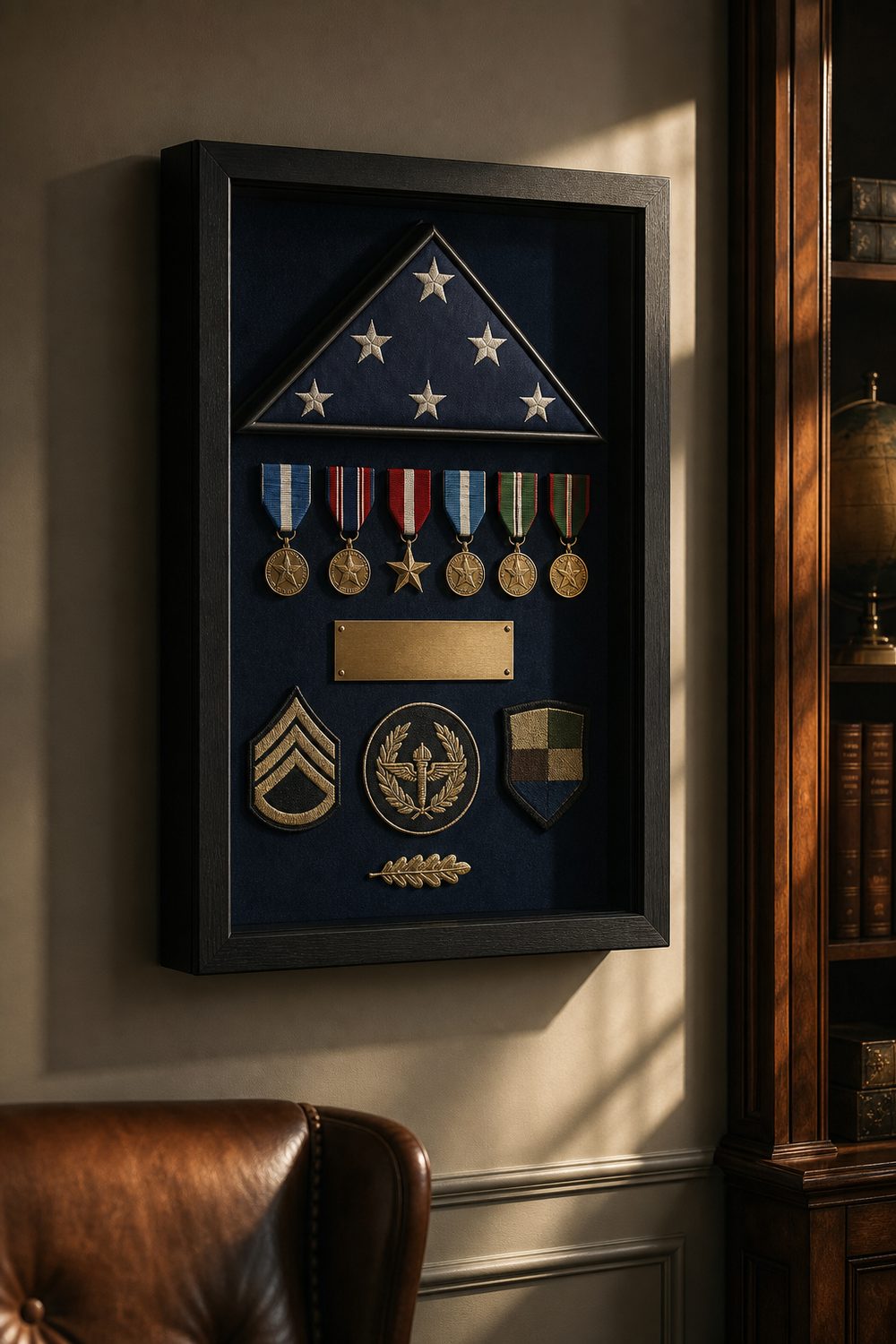 Military shadow box with medals, ribbons, uniform patches and a folded flag triangle on navy suede in a black frame