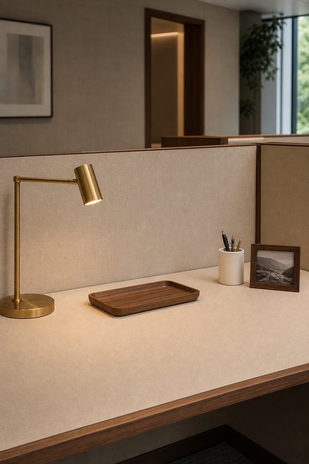 Minimal oatmeal cubicle desk with a brass lamp, walnut tray, white pen cup, and one framed photo with open space
