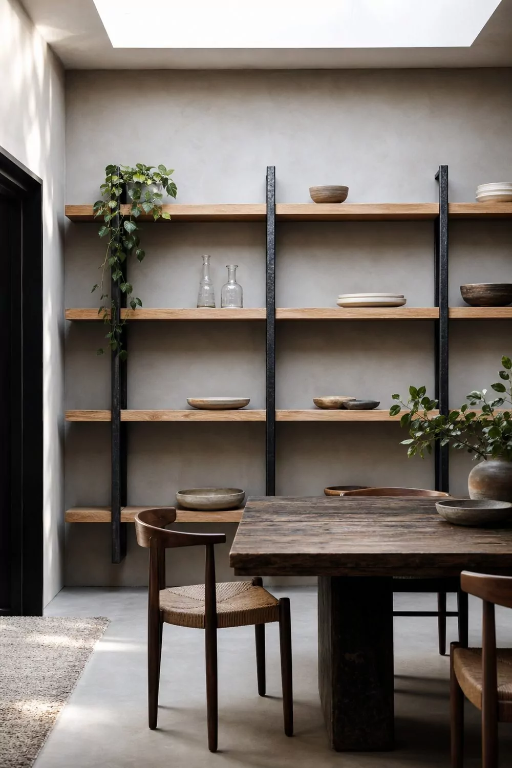 Open shelving with blackened steel uprights and thick oak boards holding stoneware and glass carafes in a contemporary dining room