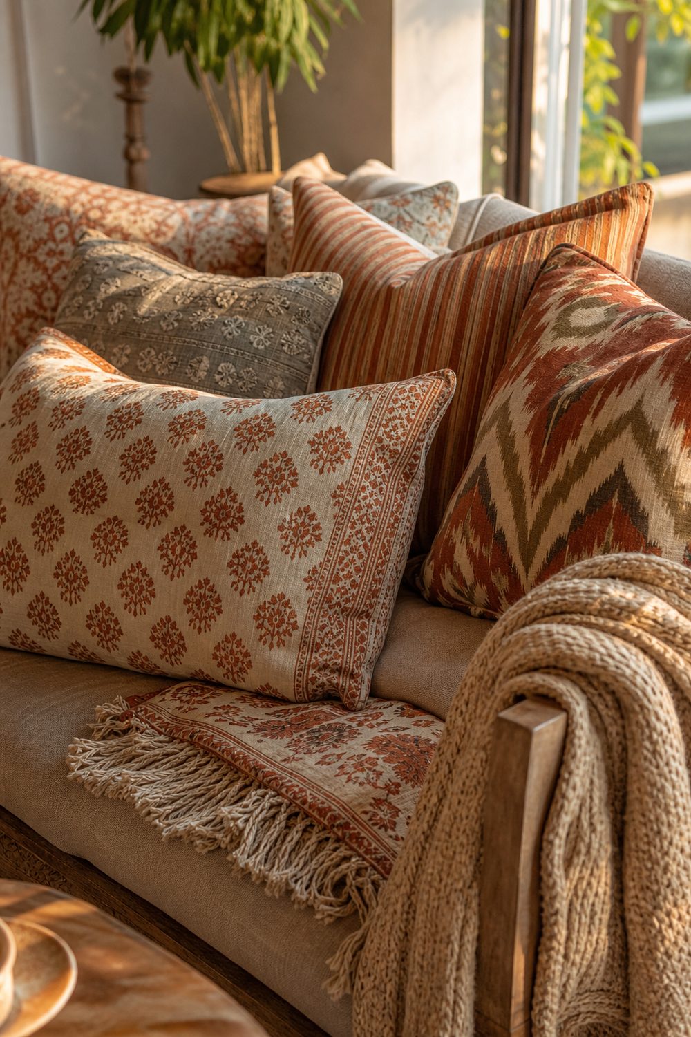 Mixed-pattern block-print and ikat throw pillows in a rust and cream palette on a boho sofa with a fringed blanket