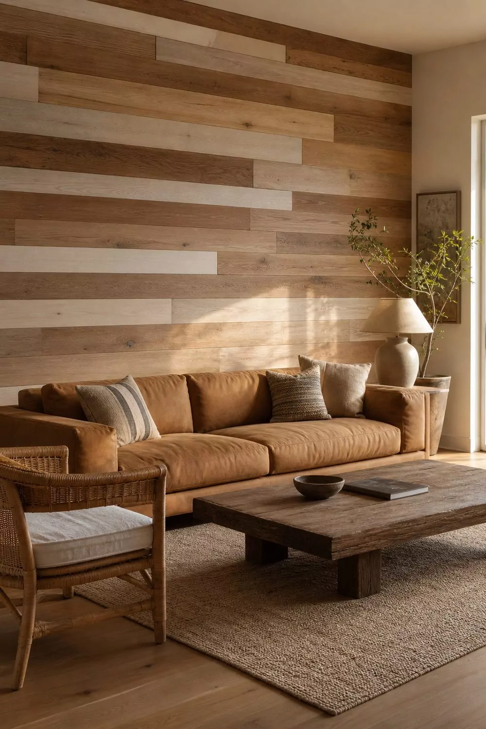 Mixed-width wood plank accent wall alternating warm and pale oak and ash boards in a relaxed living room
