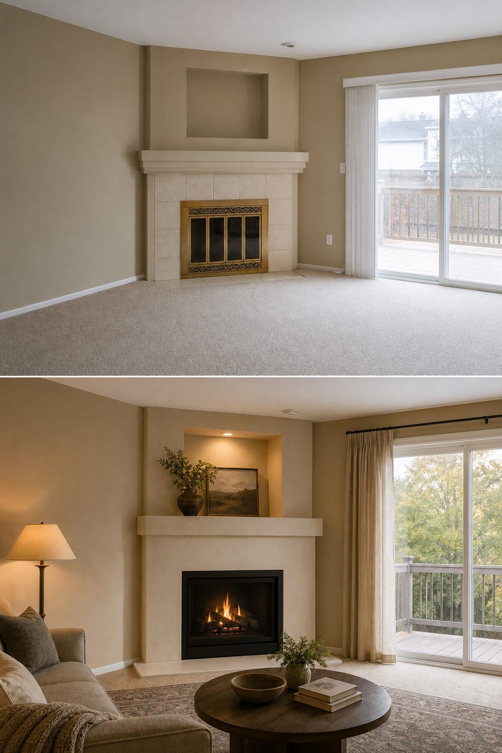 Before and after of a modern black firebox conversion replacing an ornate brass door