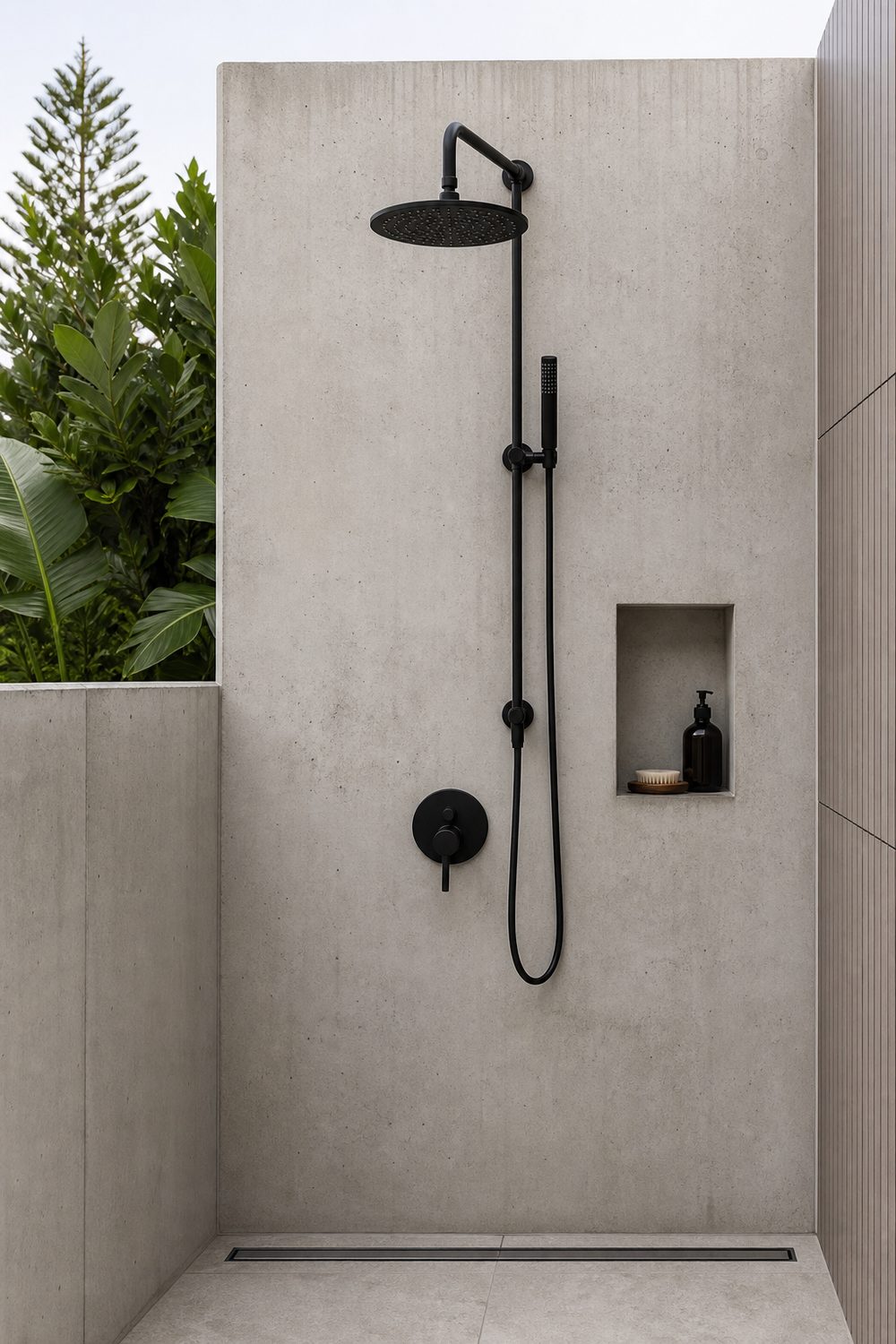 Modern outdoor shower with matte black riser and head on a smooth light concrete wall, minimal architectural look, bright midday light
