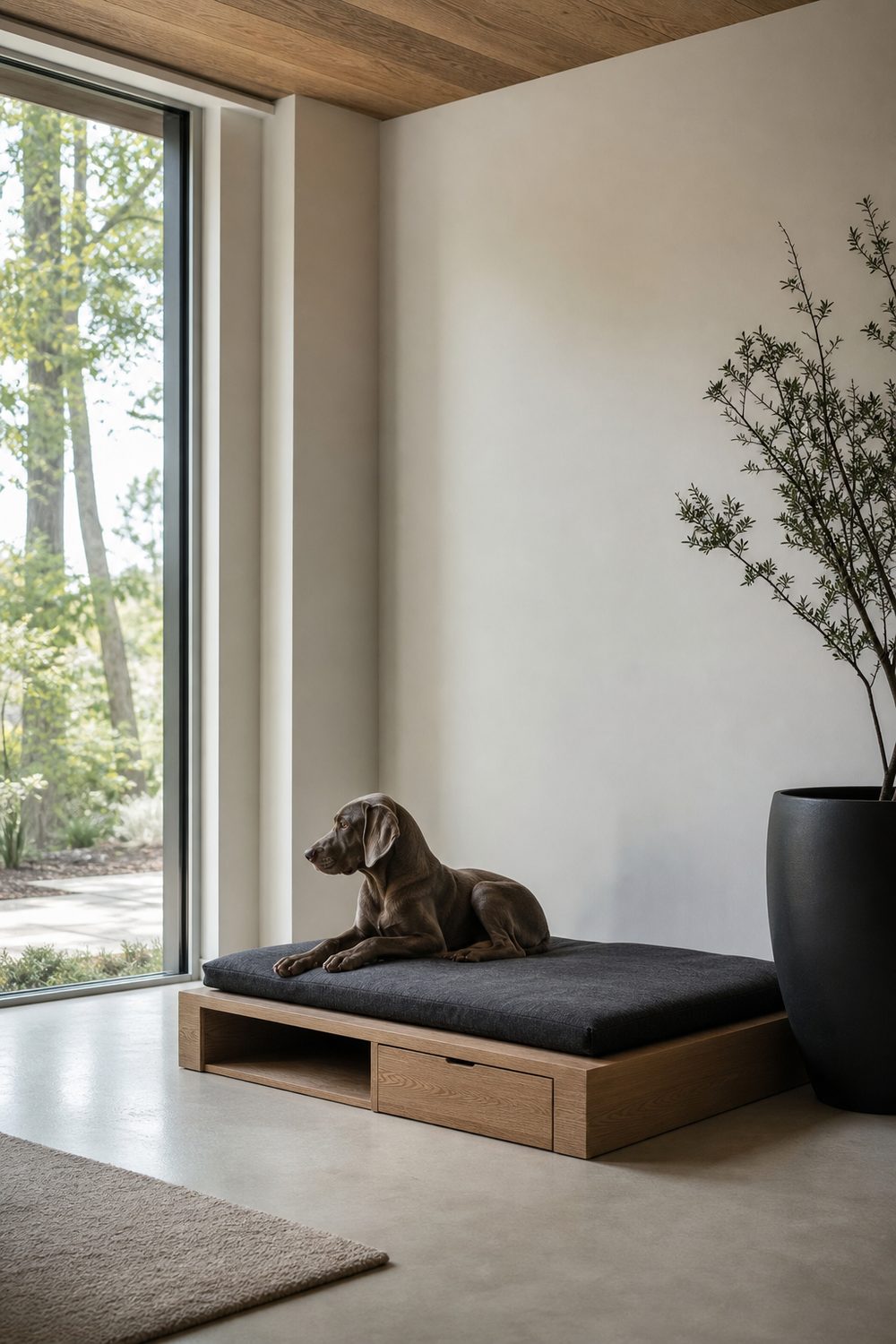 Modern minimalist dog room with a low light oak platform bed, charcoal cushion, and a sculptural planter