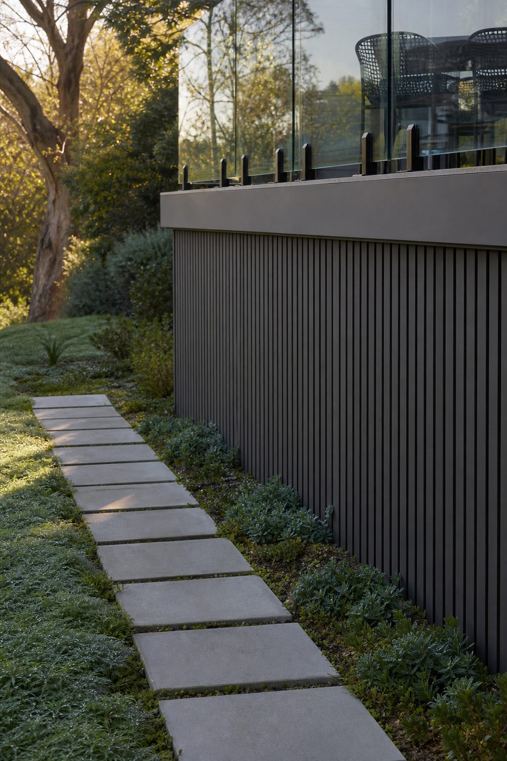 Modern Vertical Slat Deck Skirting on a raised backyard deck, charcoal-stained vertical slats, soft morning light from the east