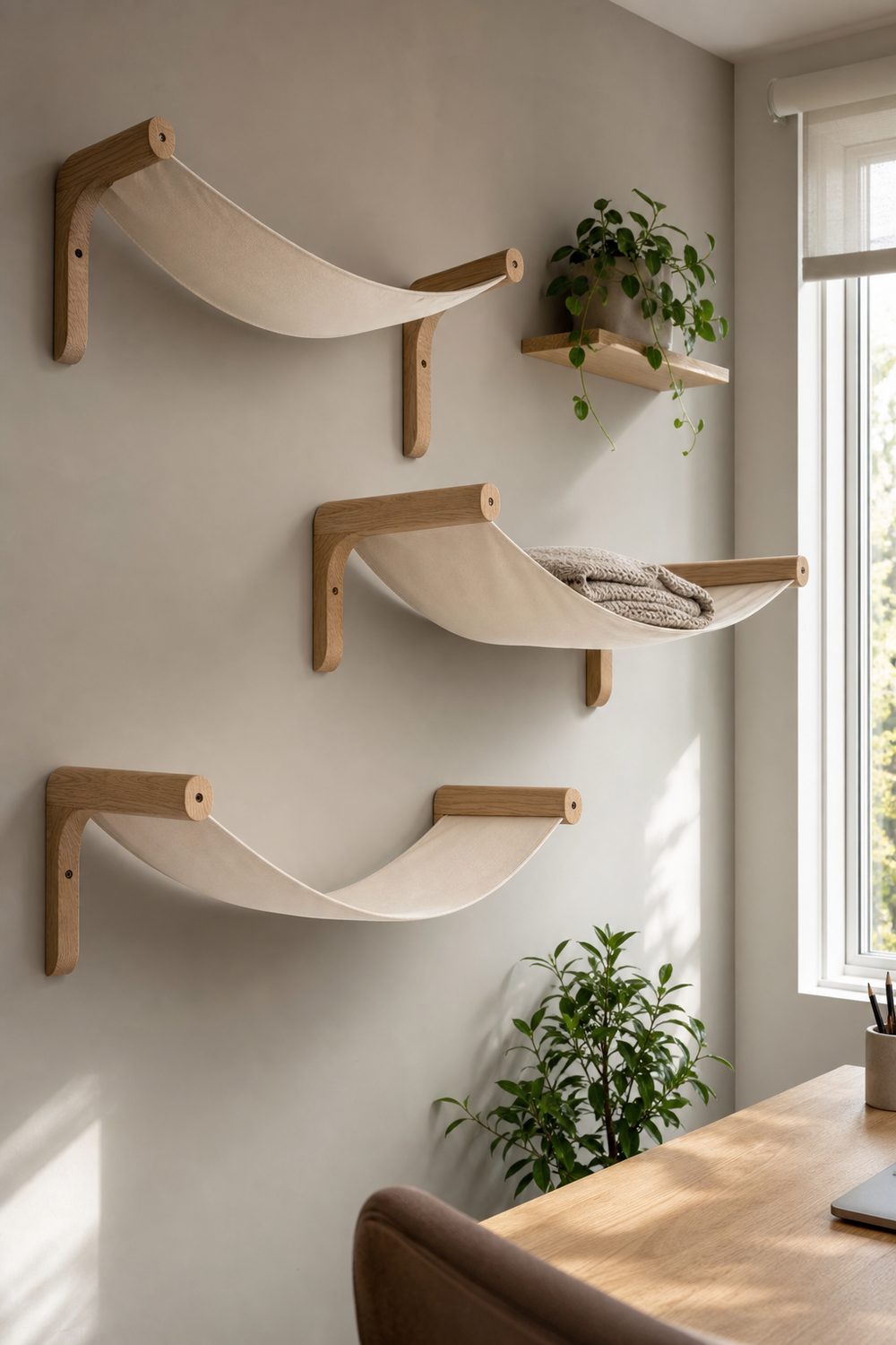 Three modern canvas and ash wood wall mounted cat hammocks staggered on a warm grey office wall