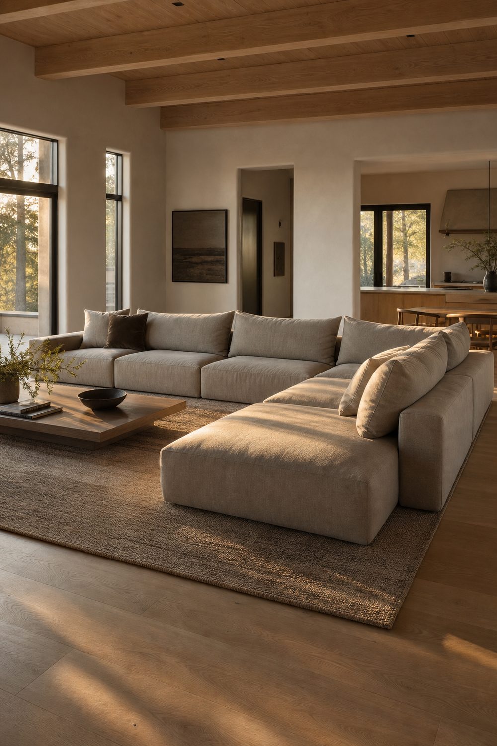 Greige modular sectional sofa built from reconfigurable low seat units in a spacious open living room