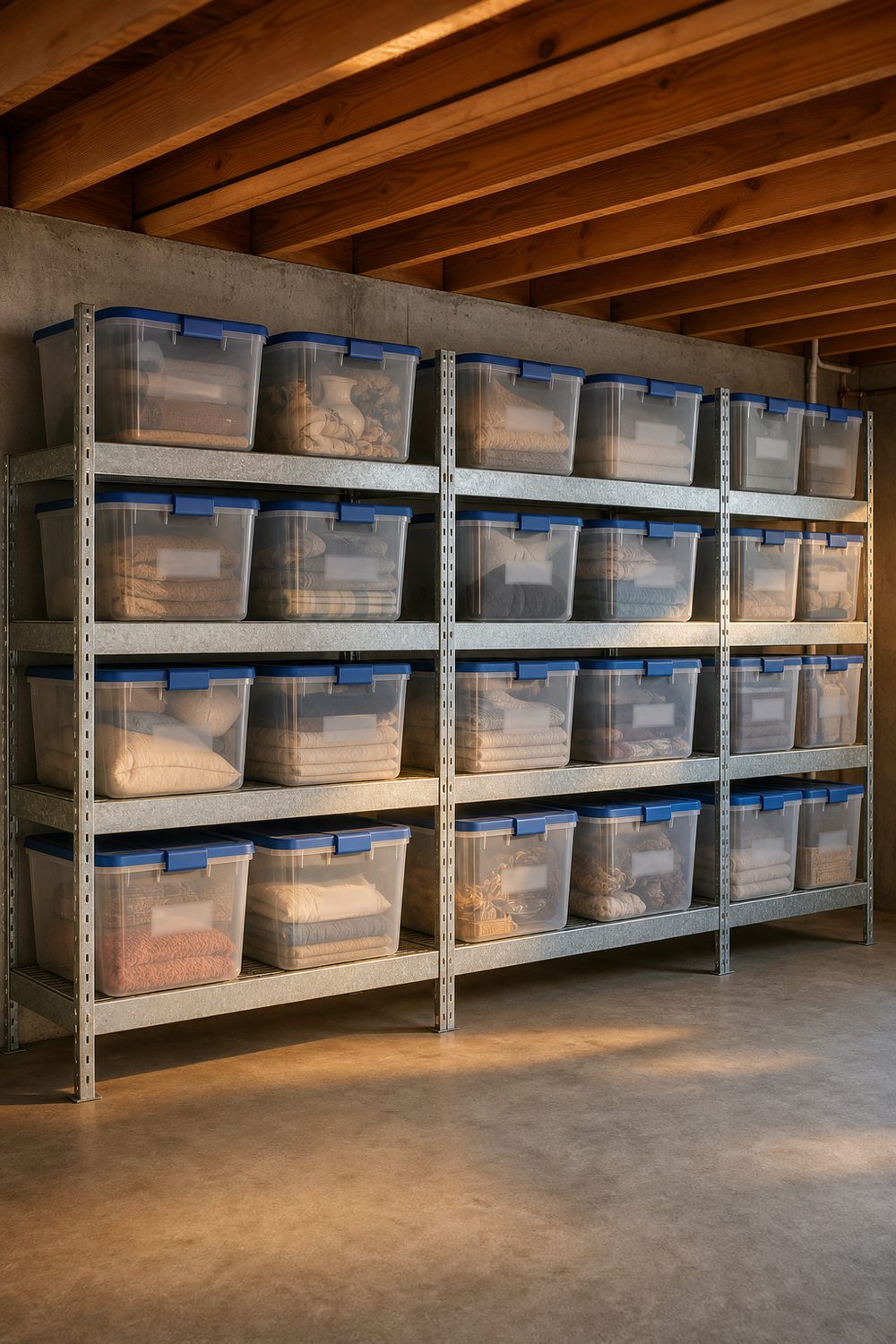 Sealed clear plastic bins with locking lids on elevated metal shelving in a basement, raised off the concrete floor