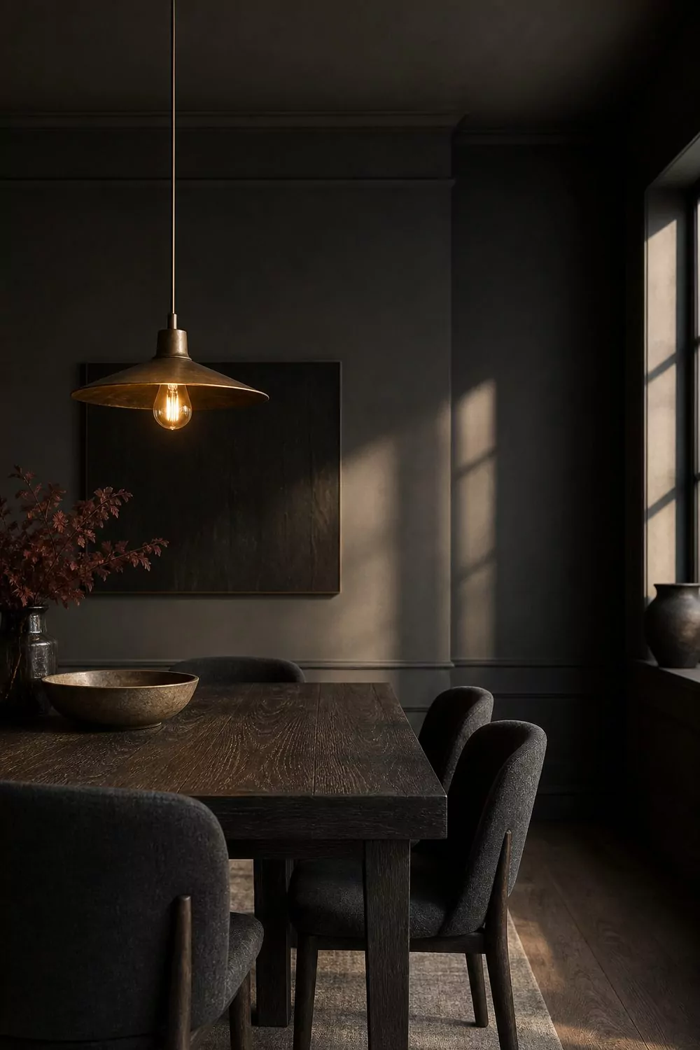 Monochrome charcoal contemporary dining room with dark oak table, charcoal upholstered chairs and a single warm brass pendant