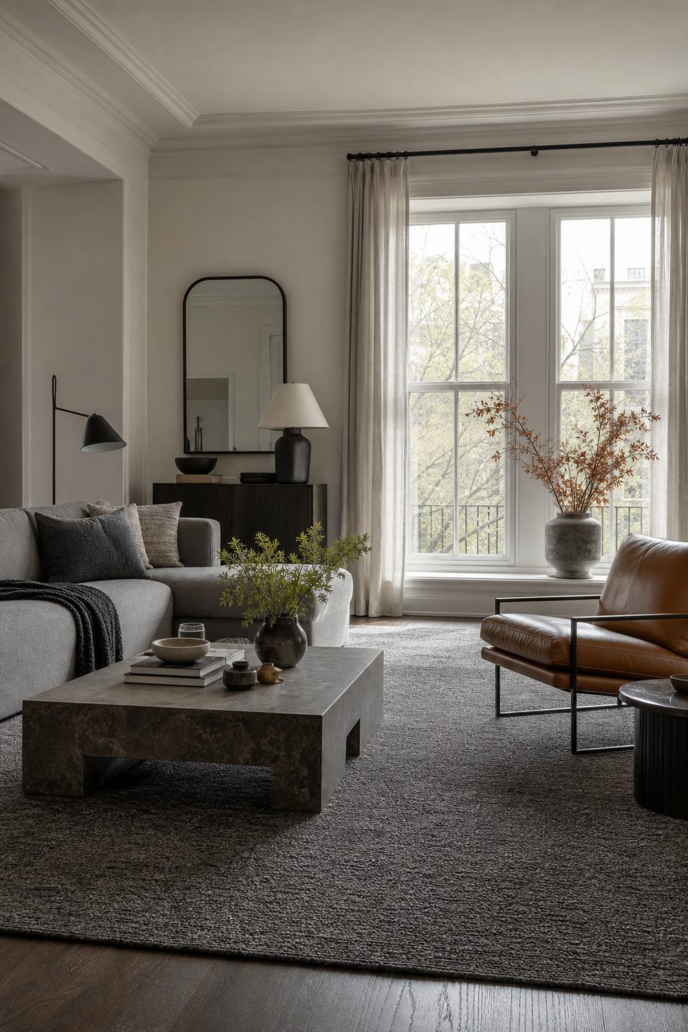 Monochrome gray IKEA living room layering a gray sofa, darker textured rug, and one warm camel leather accent chair