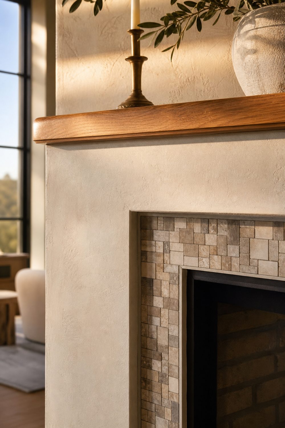 Fireplace with a narrow inset band of natural stone mosaic tile framing the firebox in muted taupe and cream