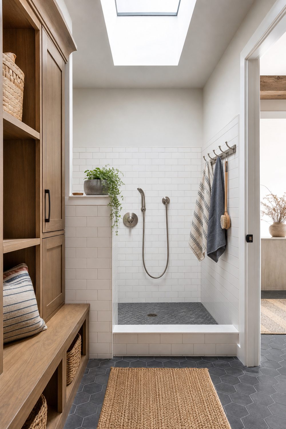 Tiled mudroom dog washing station with a low walk in shower base, handheld sprayer, and towel rail
