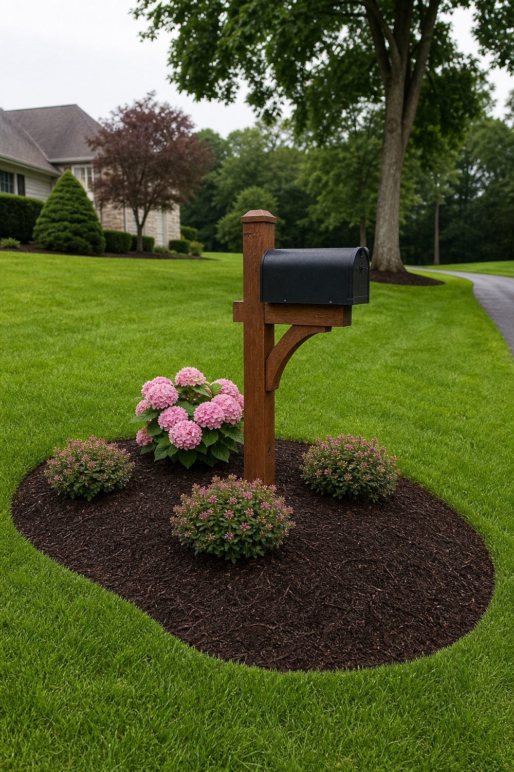 Mulched shrub bed around a mailbox post with dwarf spirea and hydrangea in dark hardwood mulch