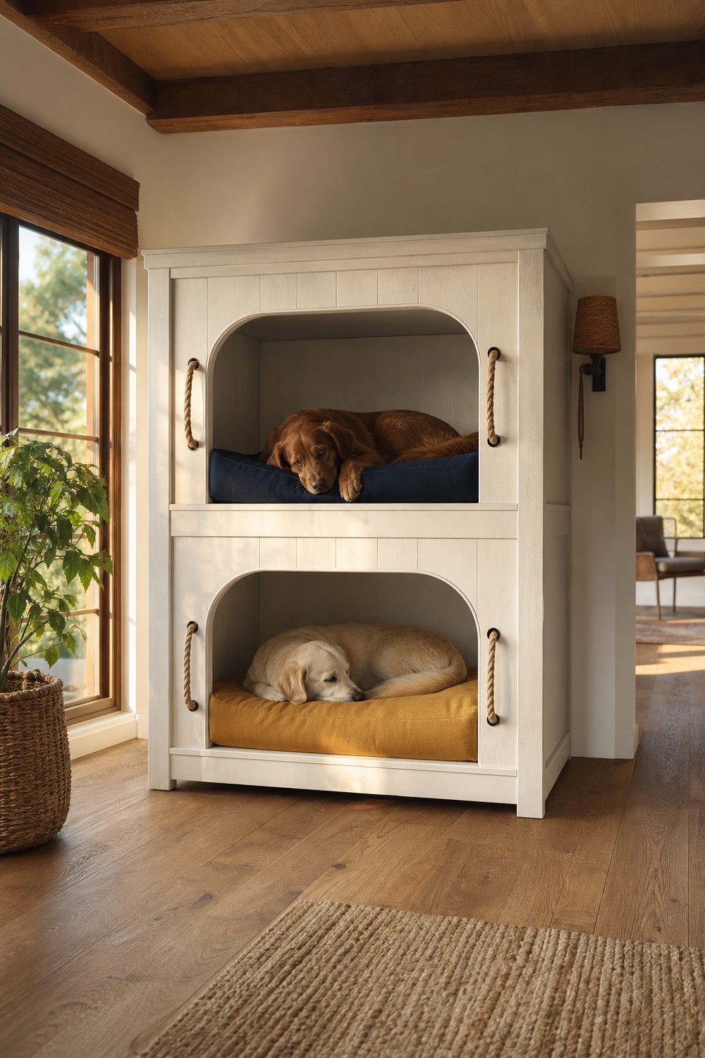 Multiple dog bunk beds in a stacked white pine frame with two open berths and contrasting cushions