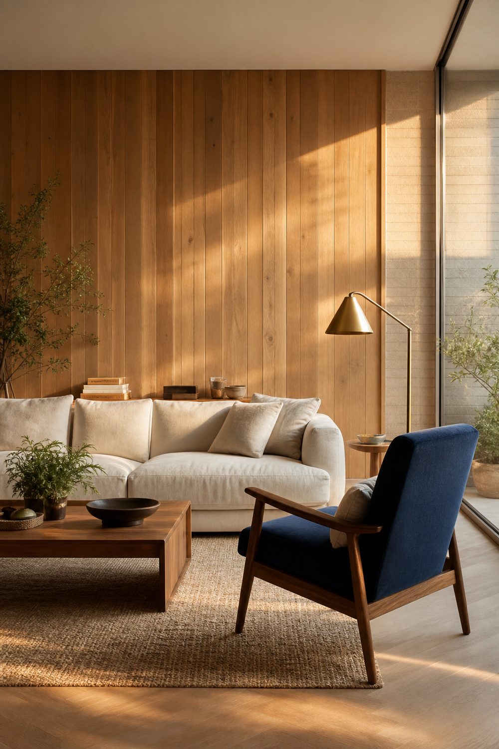 Light honey natural oak accent wall in clean vertical planks with a white sofa and navy accent chair in a living room