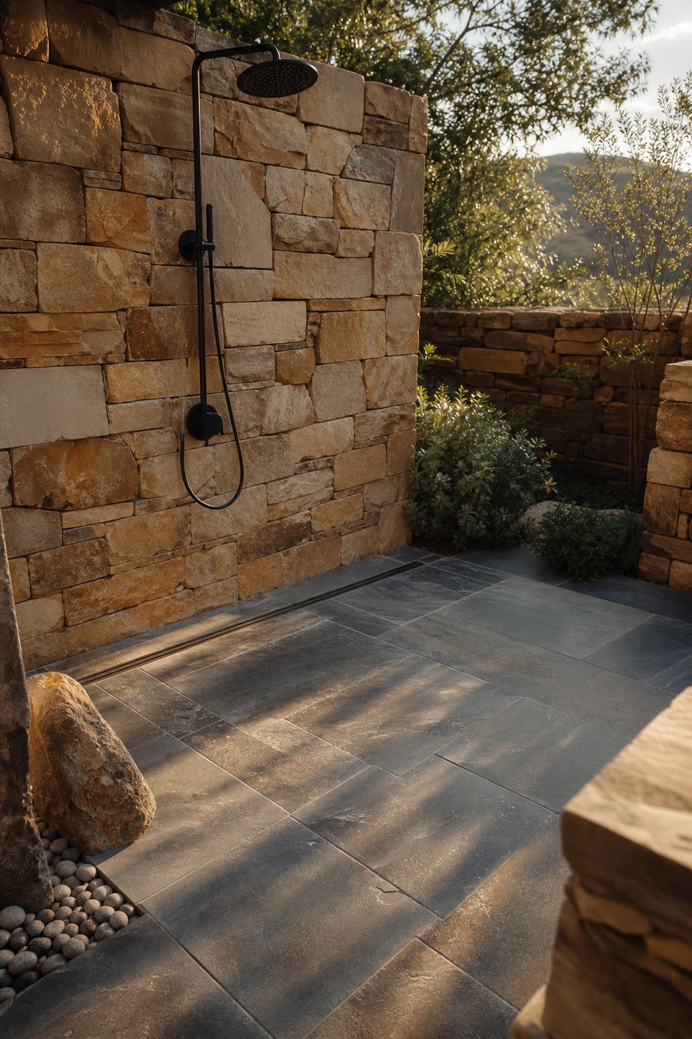 Outdoor shower with honed bluestone floor sloped to a drain, warm sandstone wall and matte black head, elevated afternoon view