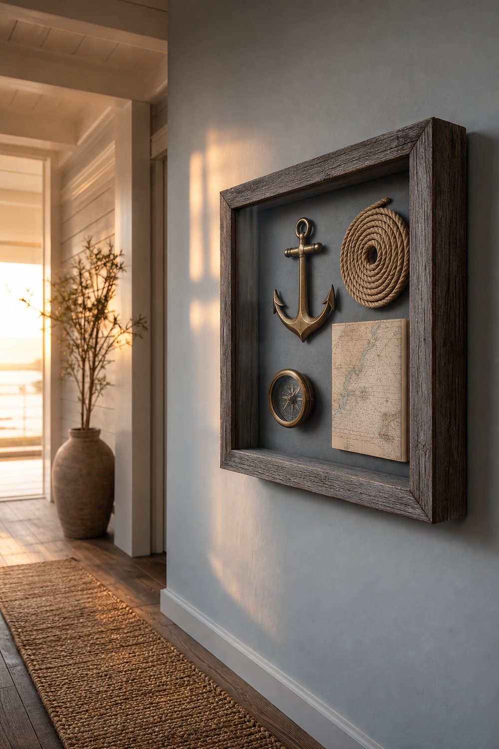 Nautical shadow box with a brass anchor, coiled rope and a compass on gray-blue backing in a weathered driftwood frame