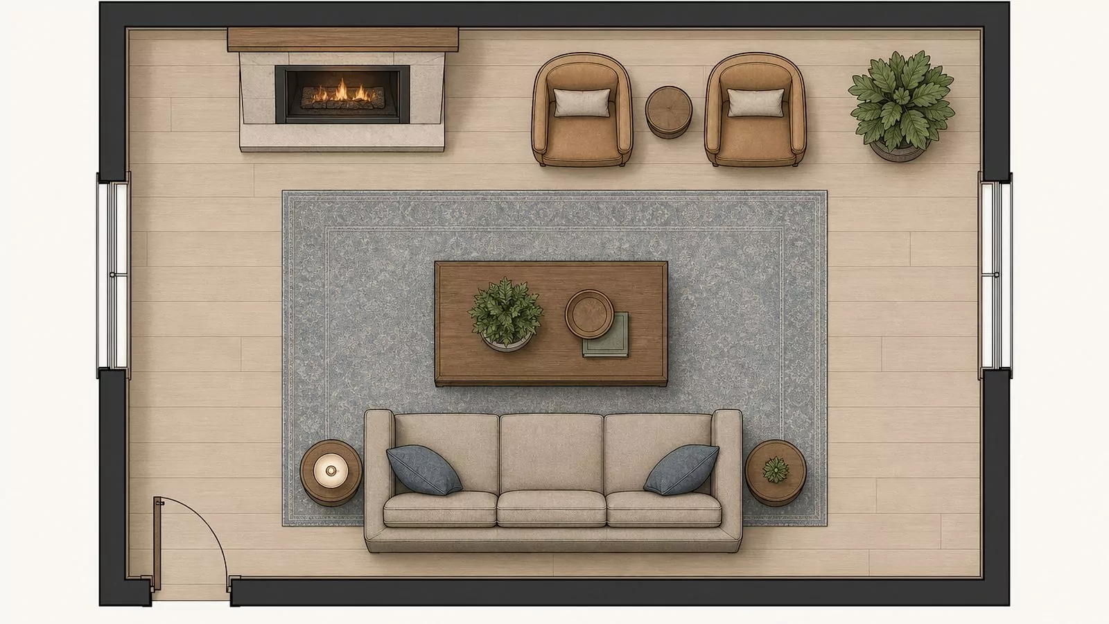 Top-down floor plan diagram with an off-center fireplace balanced by a pair of chairs and a plant on the opposite side of the wall