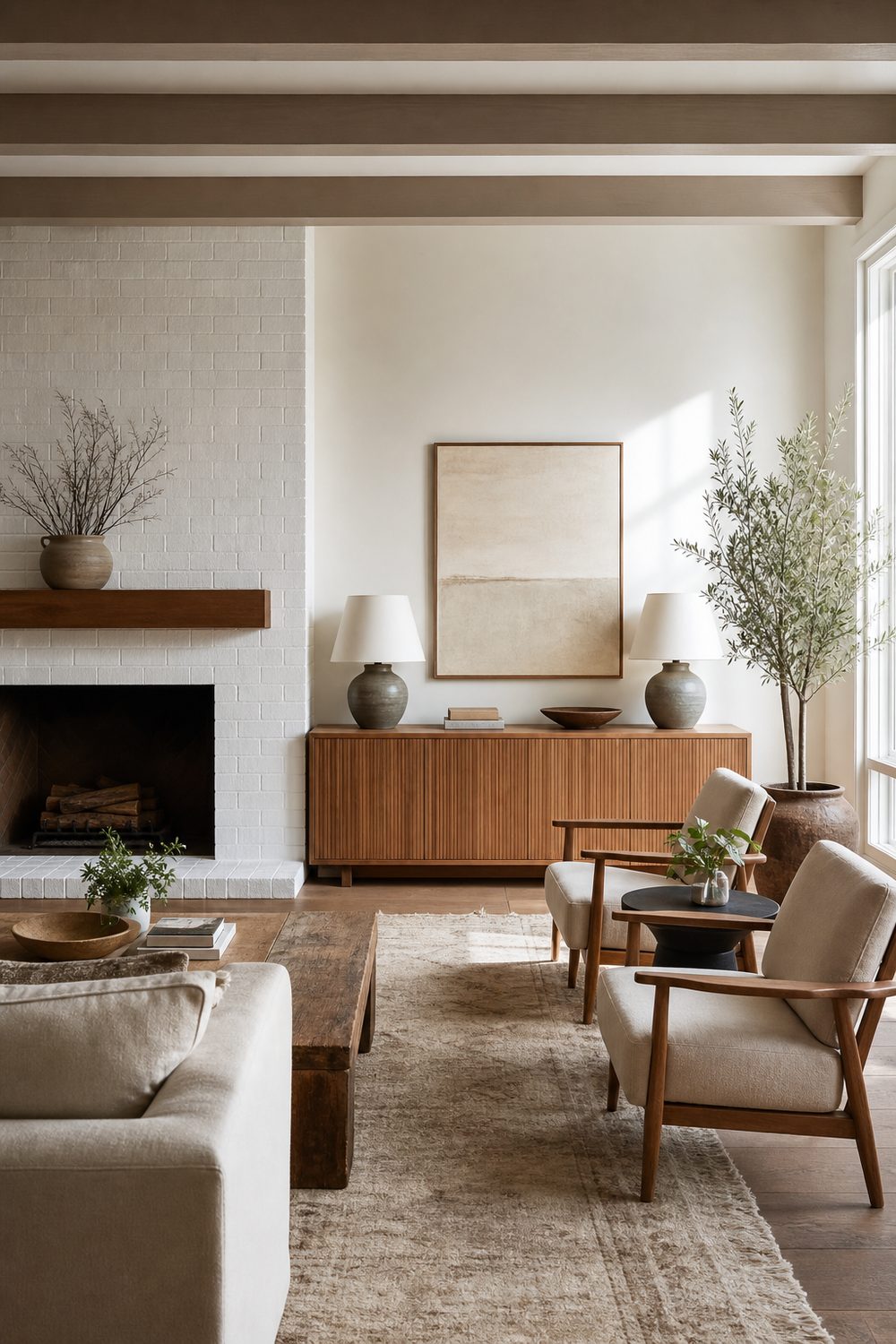 Fireplace positioned left of center balanced by paired chairs, a media console, and a tall plant in an awkward living room layout