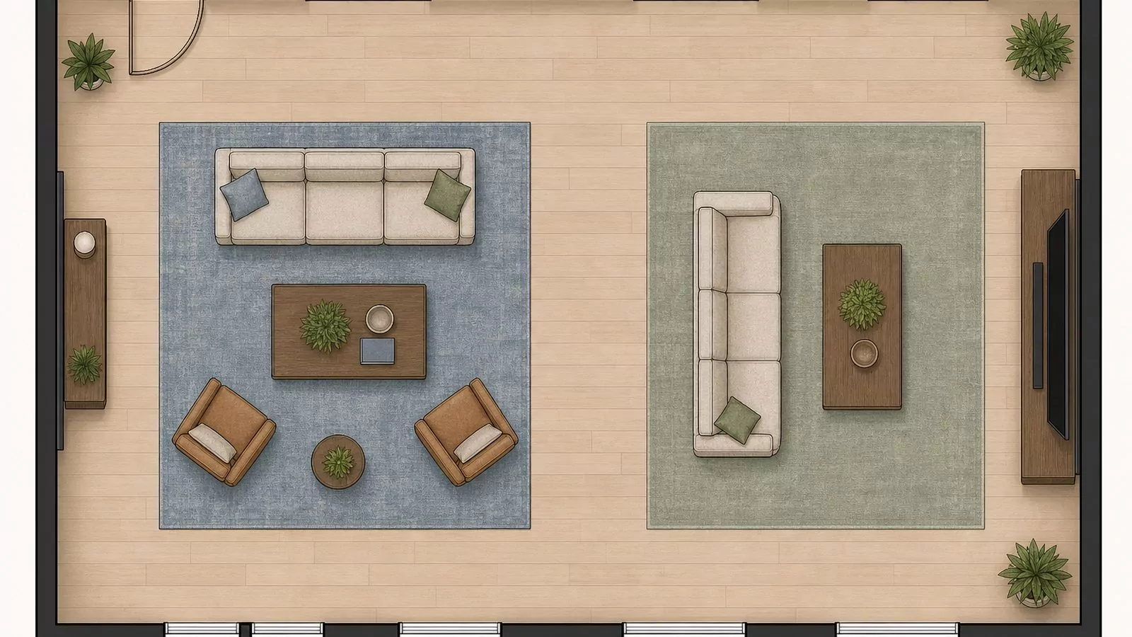 Top-down floor plan diagram of an open plan split into a conversation zone and a TV zone on two separate rugs