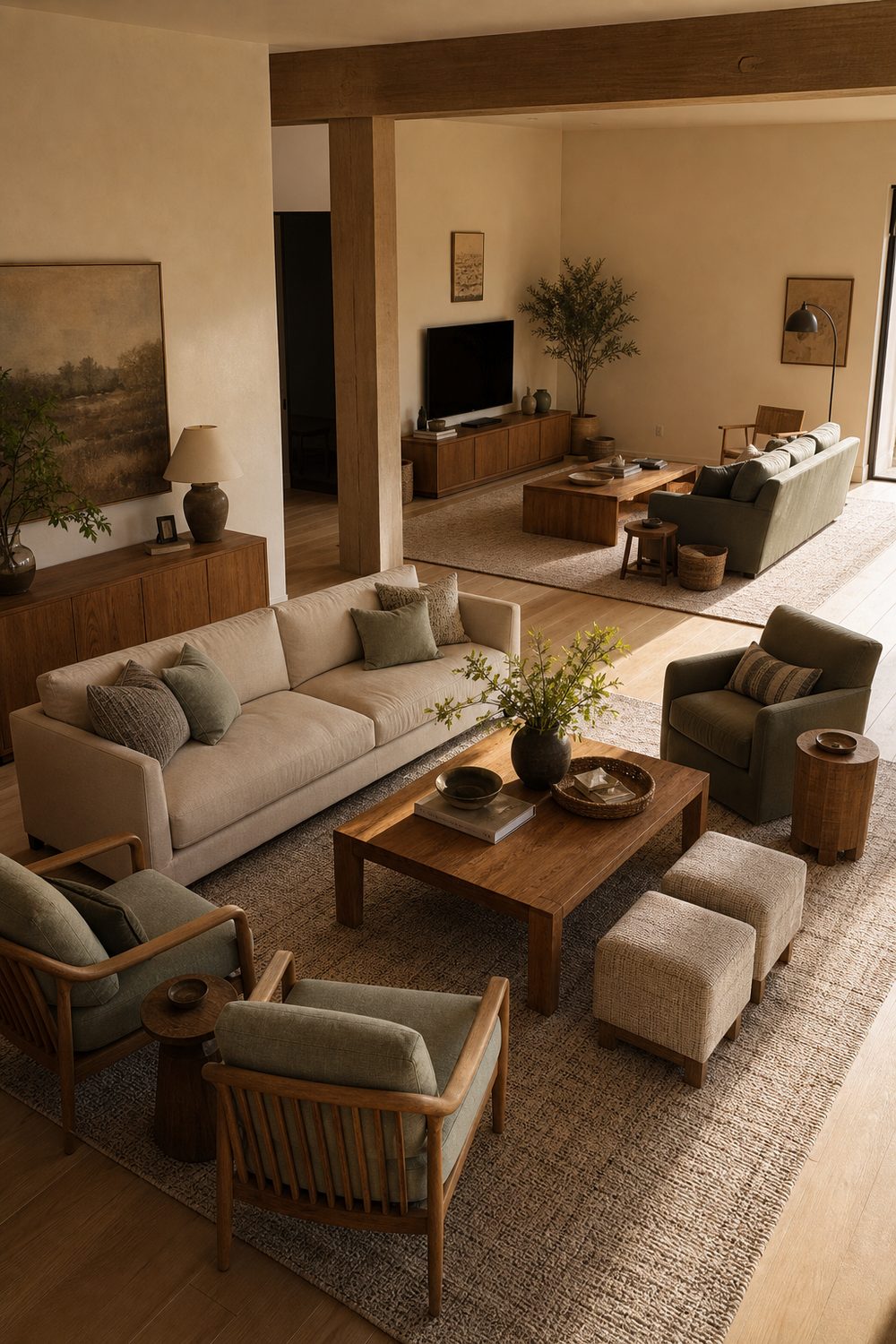 Open plan area split into a conversation zone and a TV zone with two rugs in an awkward open concept living room layout