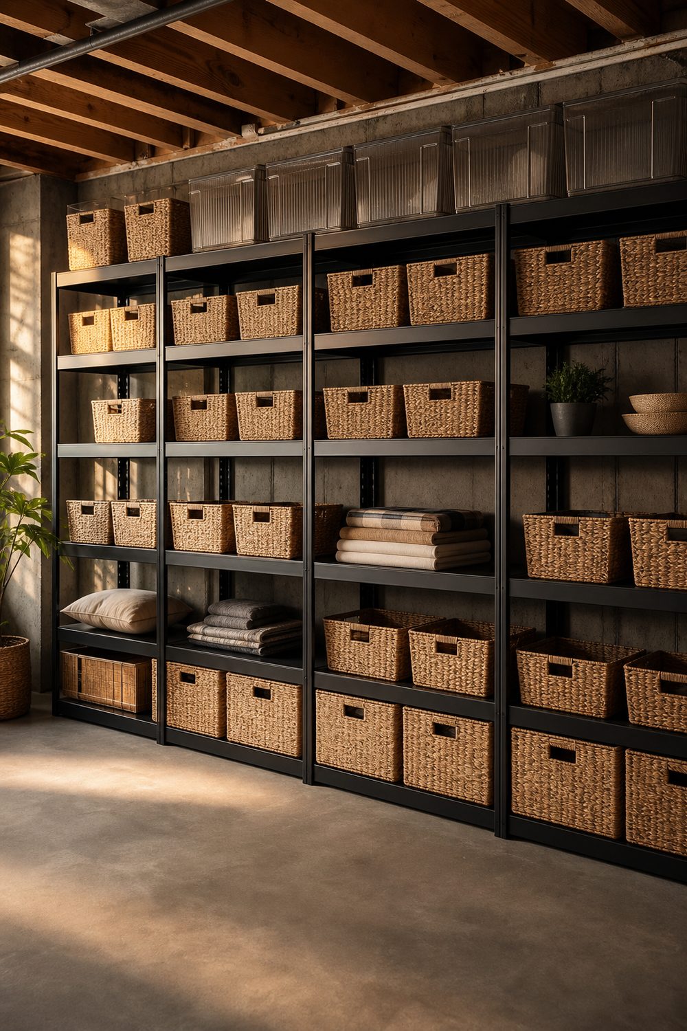 Open steel shelving storage wall in a basement filled with matching labeled bins, heavy items low and lighter bins high