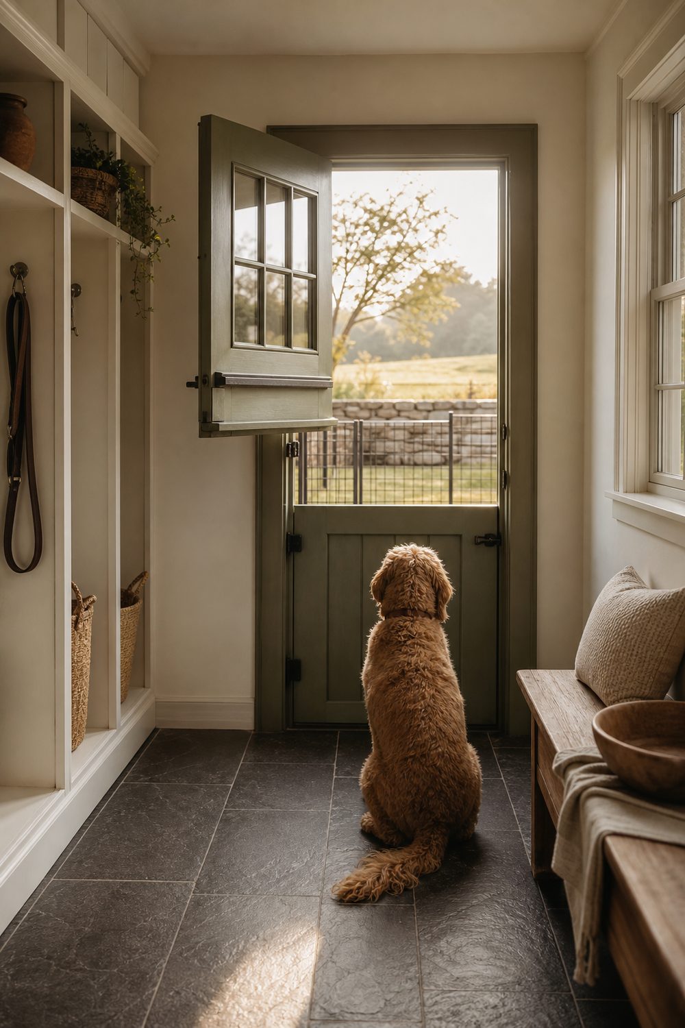 Outdoor access dog room with a sage Dutch door to a fenced run, slate tile floor, and built in cubbies