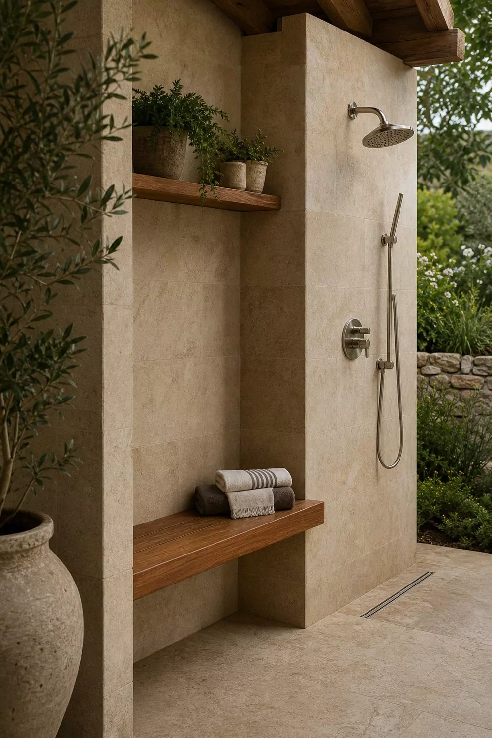 Outdoor shower with a recessed teak bench nook off the spray line and a storage ledge on a sealed stone wall, soft warm light