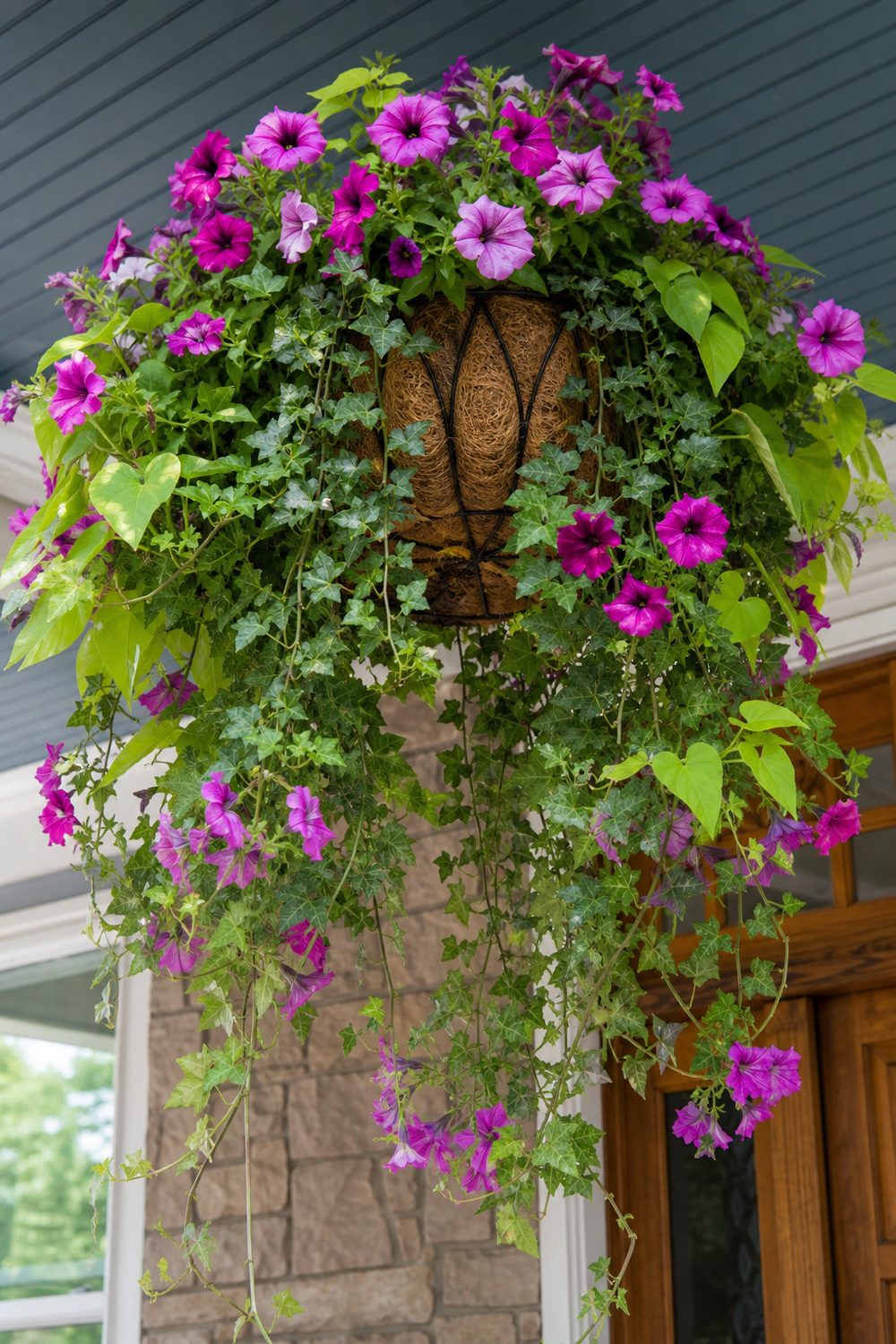 Large overflowing hanging basket of trailing petunias and ivy above a front porch beside the door, viewed from below in bright daylight
