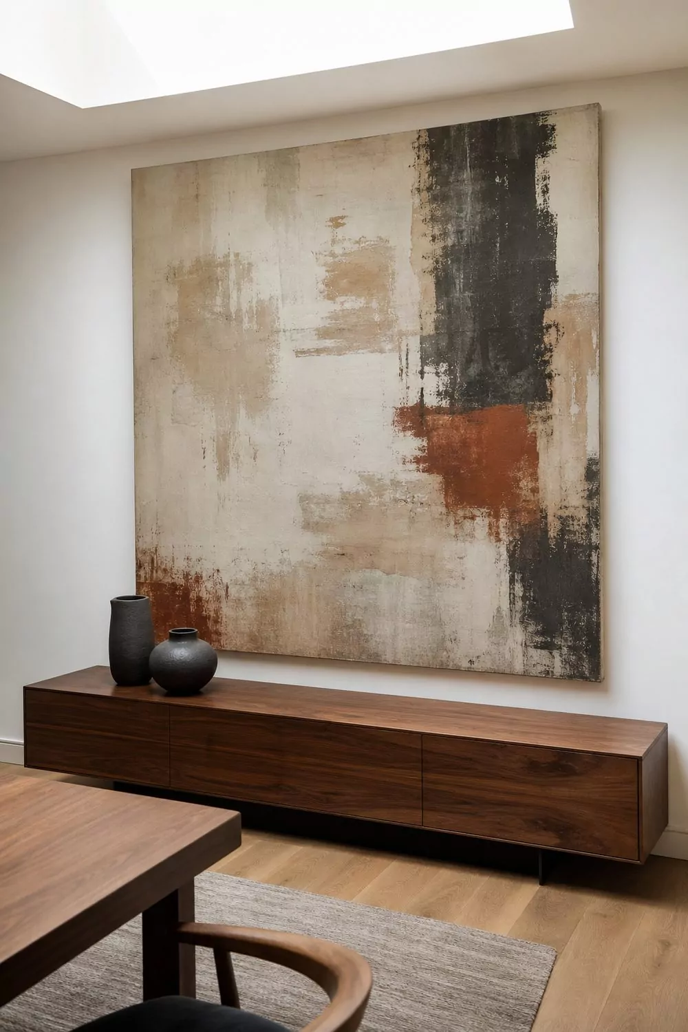 Oversized muted abstract canvas in cream and rust hanging above a low walnut sideboard in a contemporary dining room