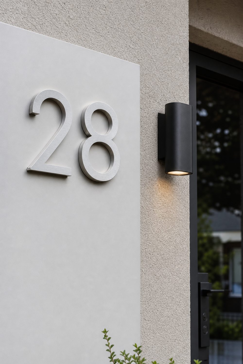 Large brushed stainless house numbers mounted on a clean panel beside a front door and wall sconce, bright neutral daylight