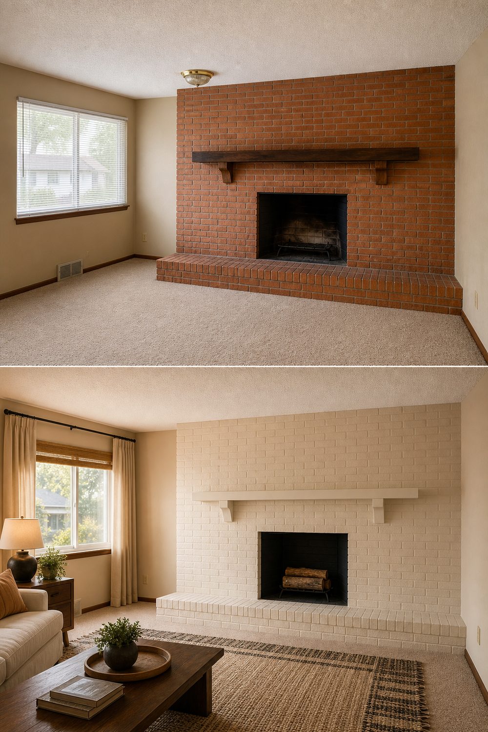 Before and after of a painted brick fireplace makeover with soft white brick and a matte black firebox