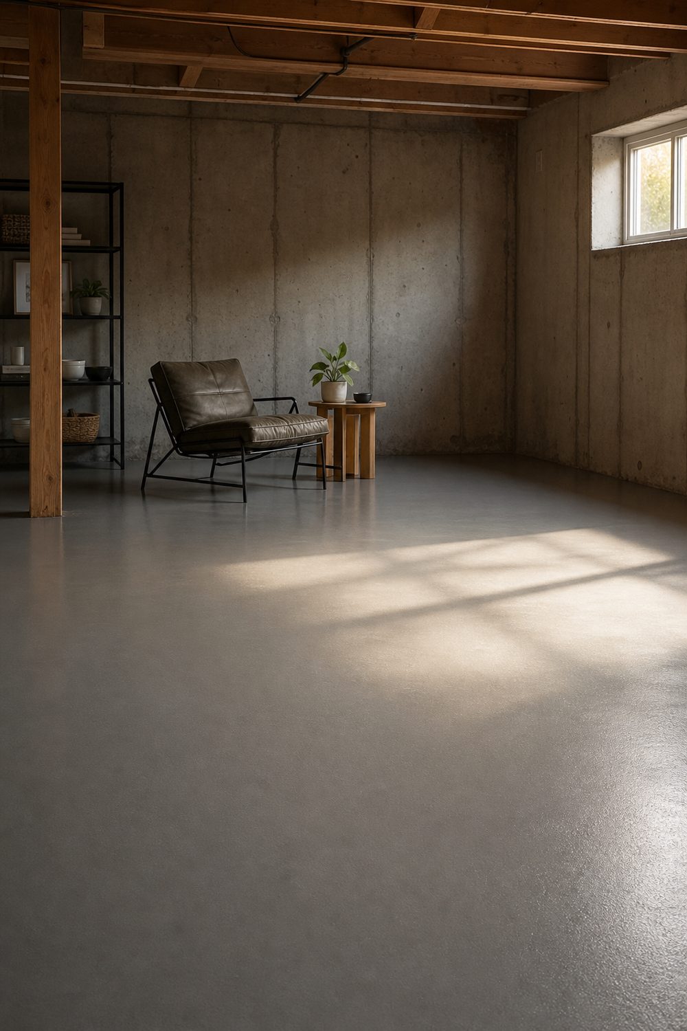 Warm gray painted concrete floor in an unfinished basement with a black metal lounge chair and pale oak side table