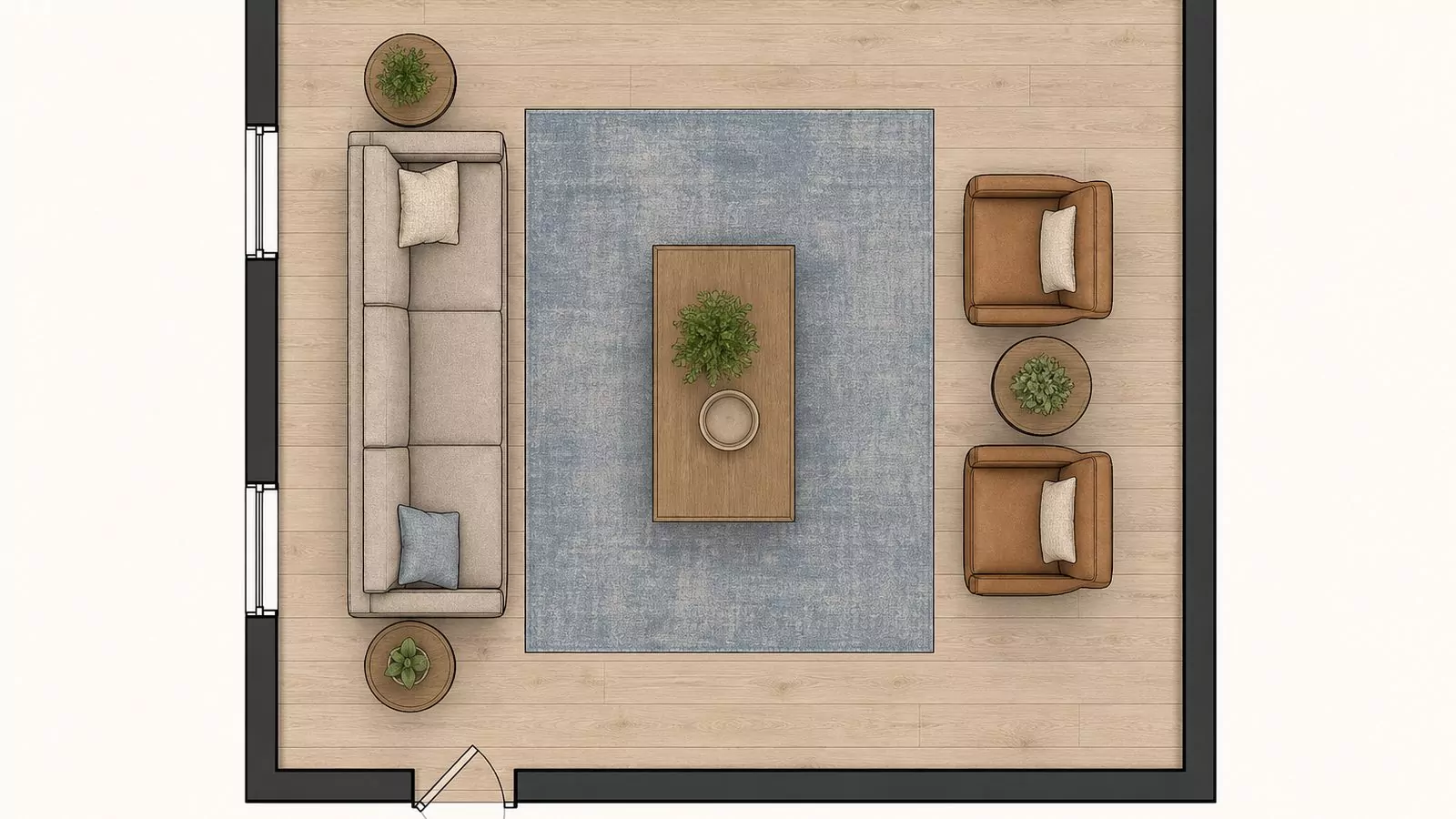 Top-down floor plan diagram with two paired chairs and a shared table balancing a long blank wall opposite the sofa