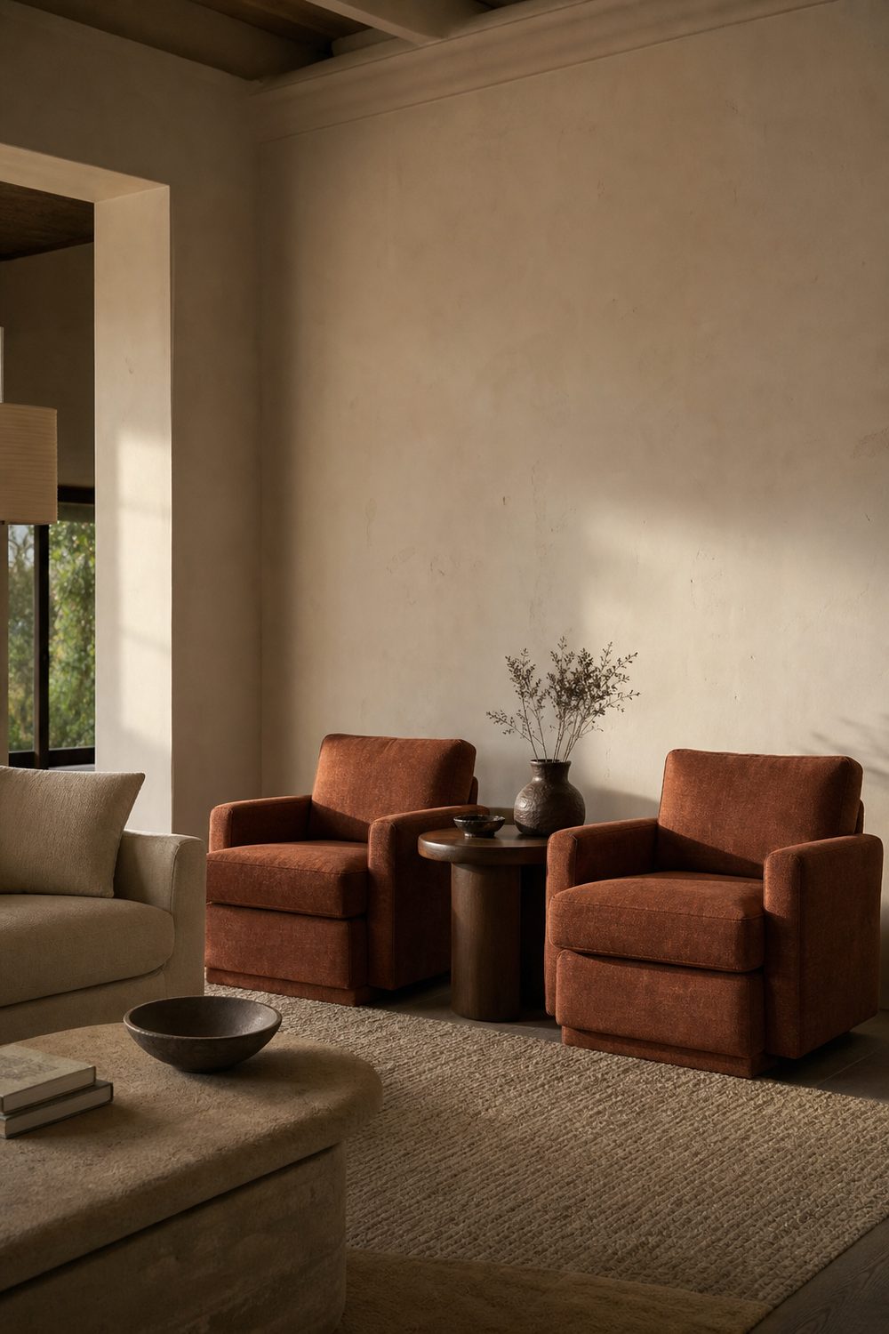 Two upholstered accent chairs with a small shared table balancing a long blank wall opposite a sofa in an awkward living room