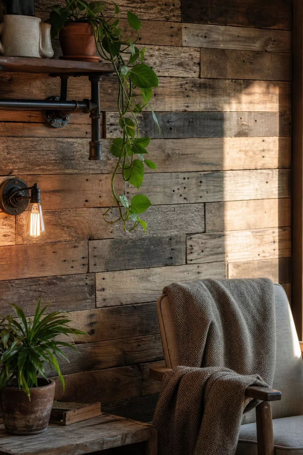 Pallet wood accent wall of mismatched weathered gray-brown boards in a simple grid with an industrial pipe shelf