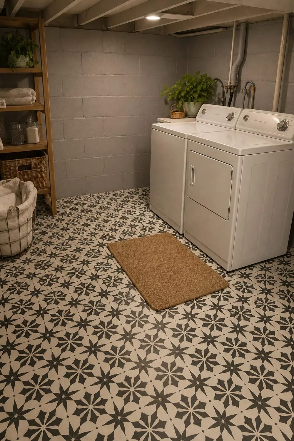 Black and white geometric encaustic pattern peel and stick vinyl tile covering a basement laundry room floor beside a white washer and dryer