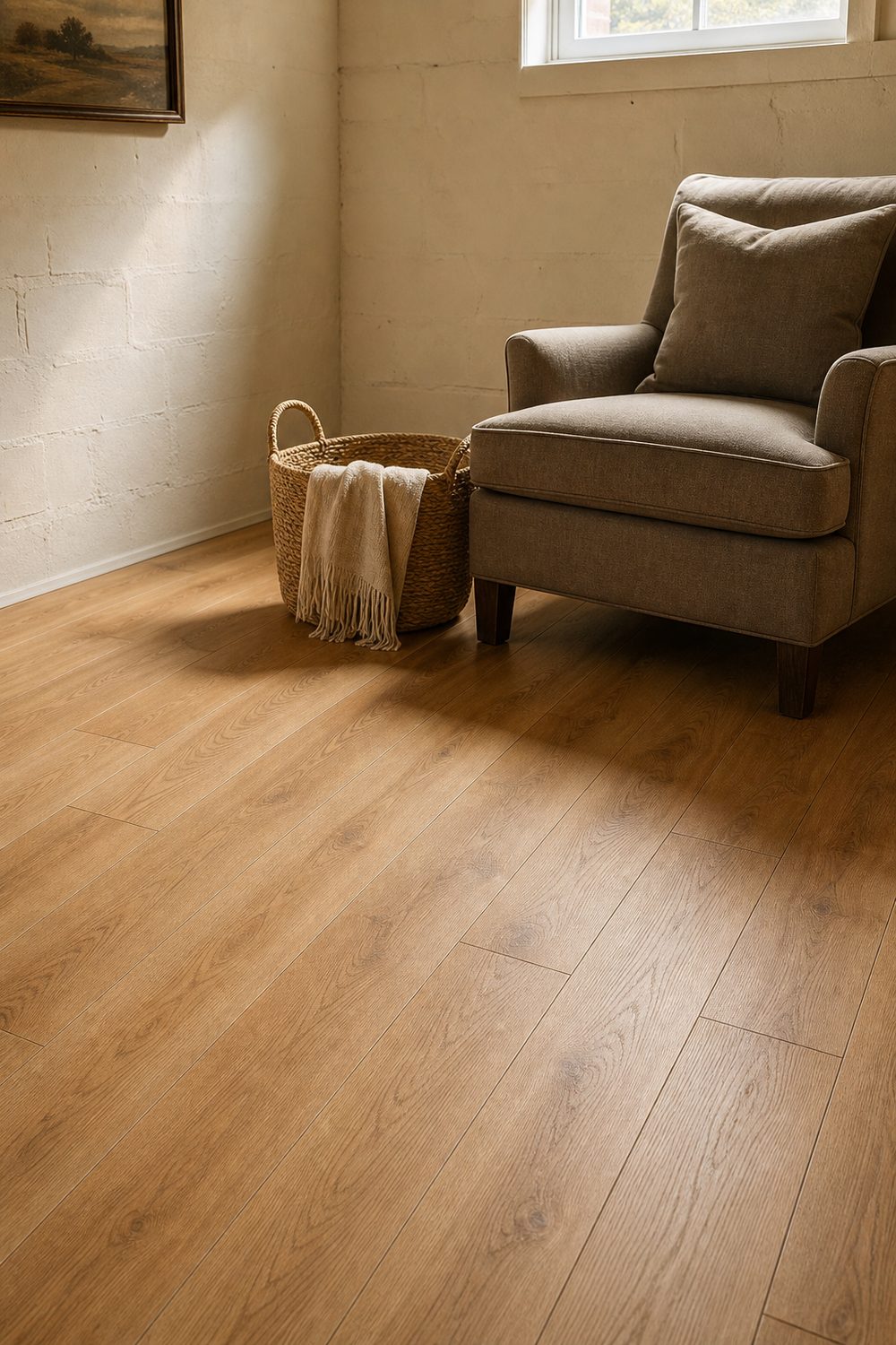 Honey oak peel and stick vinyl plank flooring in a basement corner with a taupe armchair and woven basket