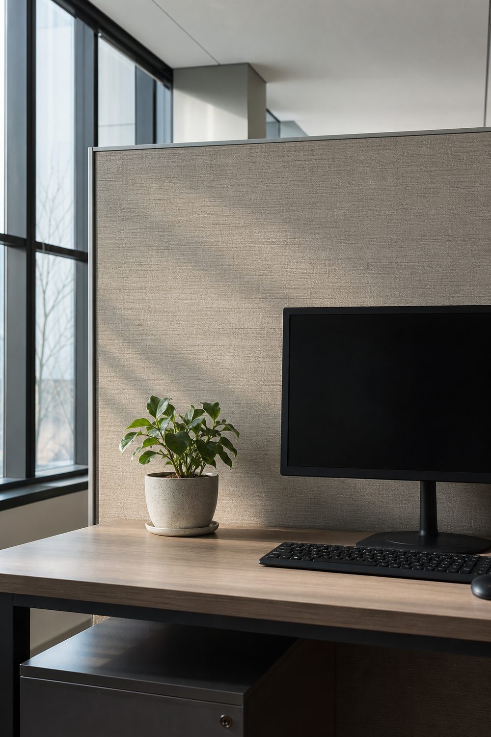 Cubicle back panel covered in warm greige grasscloth peel and stick wallpaper framing a clean desk with a monitor and plant