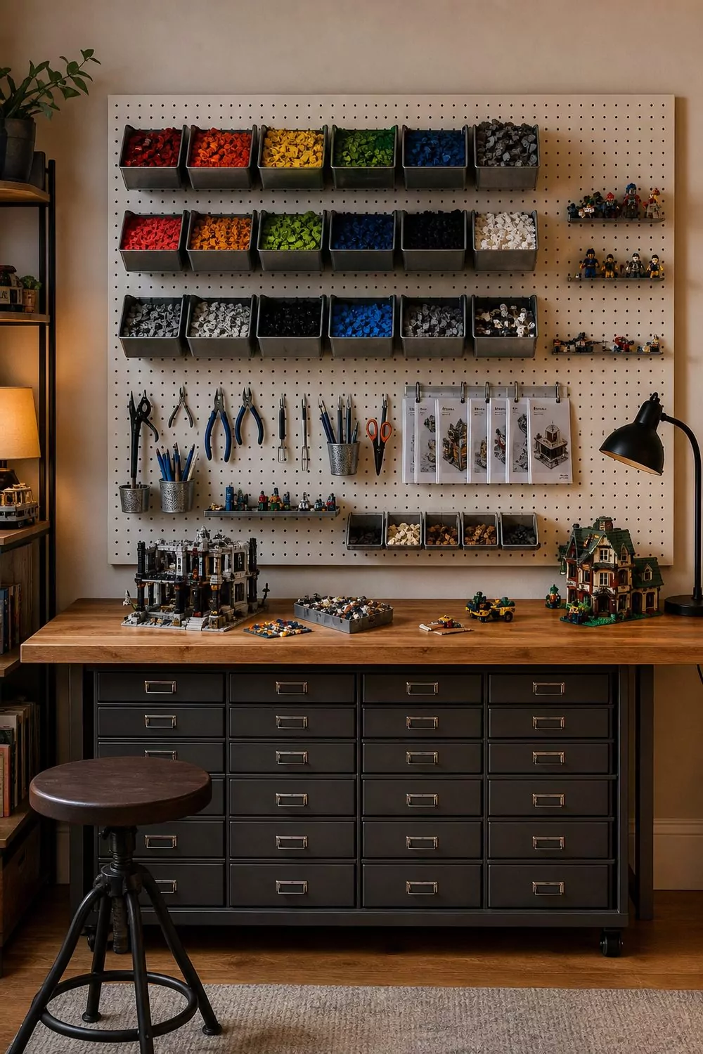 Wall pegboard above a work table with hanging metal bins holding sorted building bricks, tools and instruction packets over a drawer unit