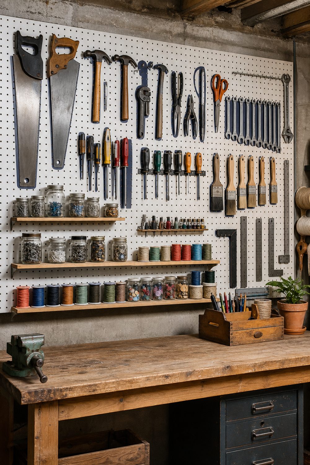 Painted pegboard tool and craft wall in a basement workshop with organized hand tools and supplies over a wood worktable