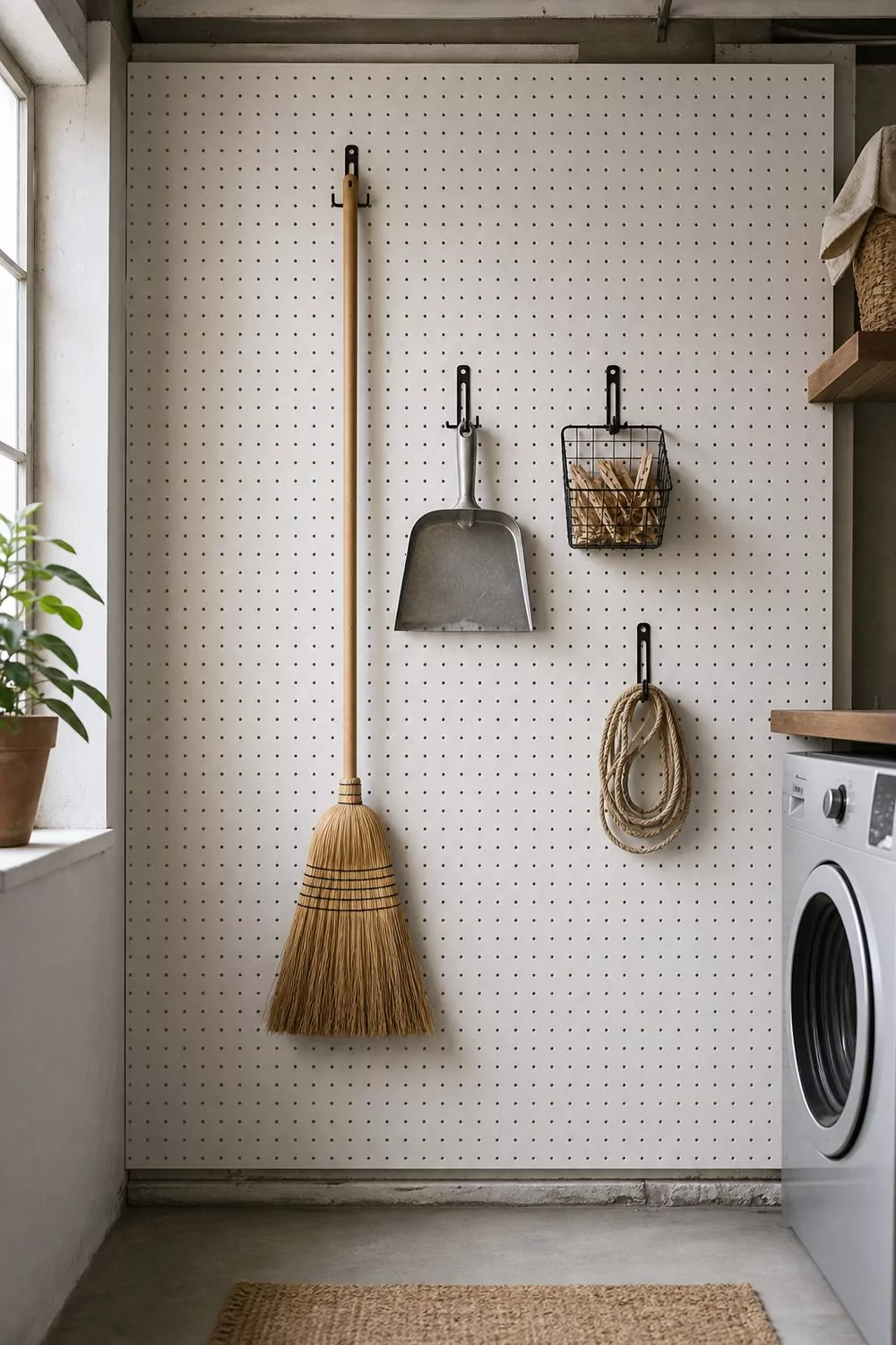 White painted pegboard panel on a basement laundry wall hung with a broom dustpan clothespin basket and coiled cord on black hooks