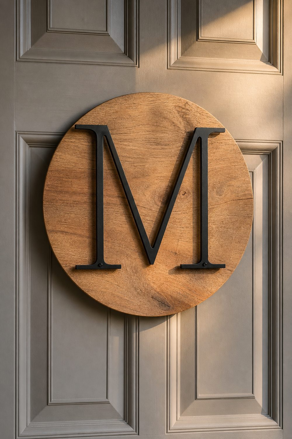 Thin black metal monogram initial over a round natural wood backer hung on a painted front door, warm afternoon light