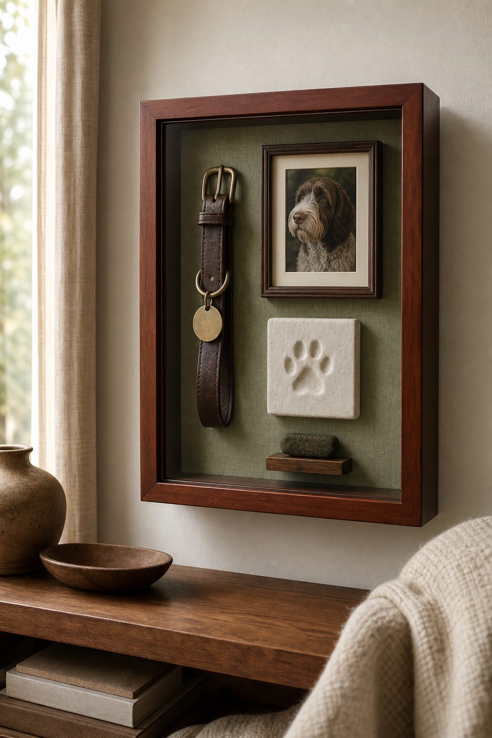 Pet memorial shadow box with a collar, name tag, paw print and a pet photo on sage linen in a cherry wood frame