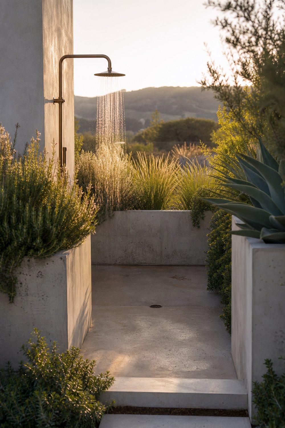 Outdoor shower framed by tall concrete planters of rosemary, grasses and agave over a stone pad, warm golden-hour backlight
