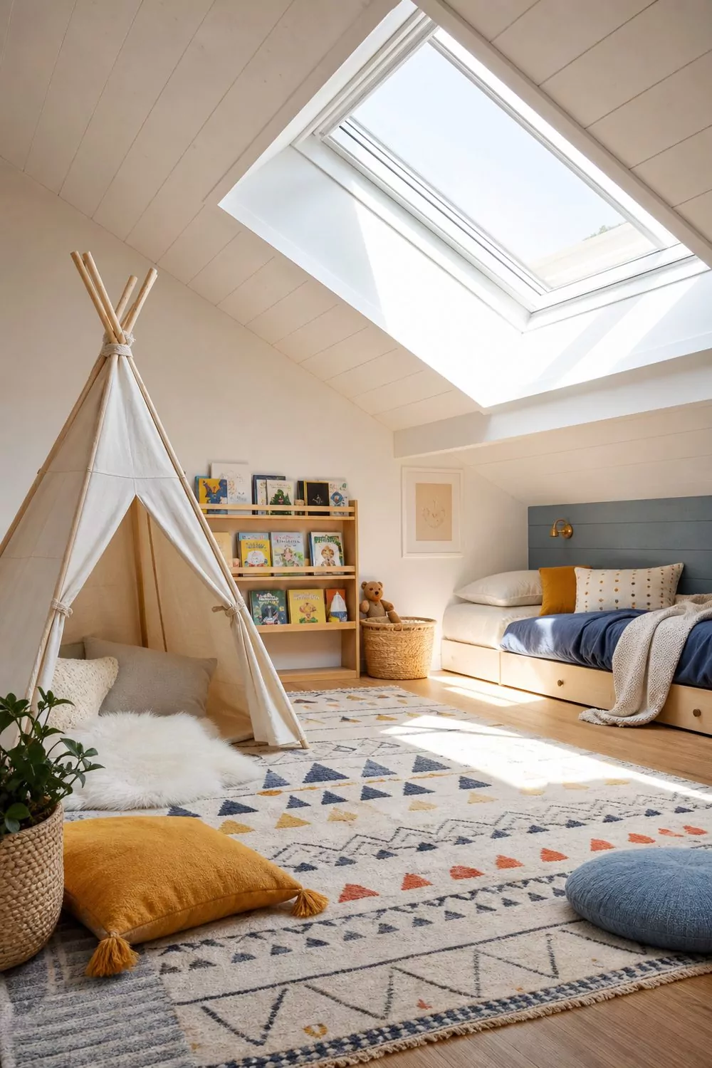 Playful kids attic bedroom with a canvas teepee, low bed, skylight, picture book ledge and a patterned play rug under a sloped ceiling