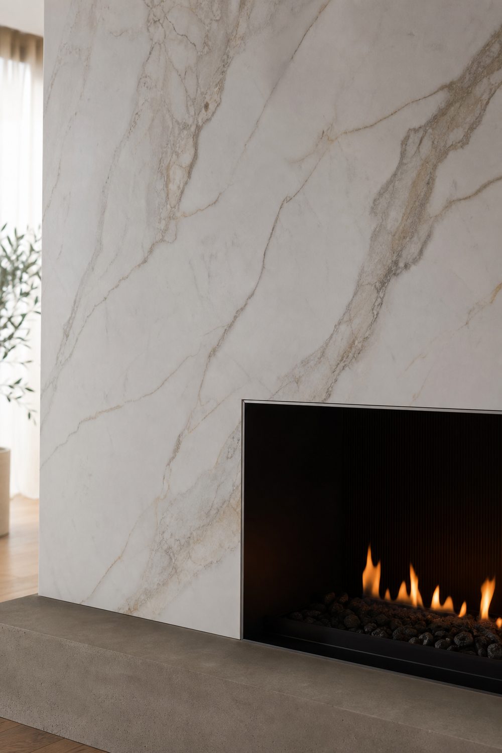 Sleek modern fireplace faced with a single large-format marble-look porcelain slab with near-seamless minimal grout lines