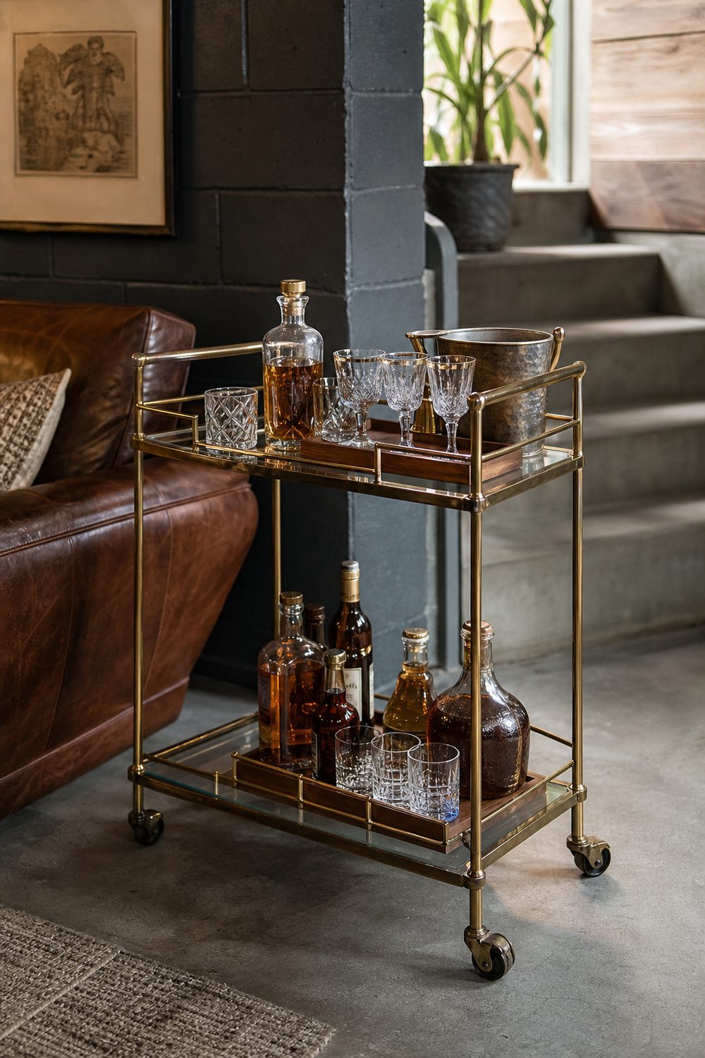 Styled brass and glass portable bar cart in a basement hangout corner with glassware, bottles, a tray and ice bucket