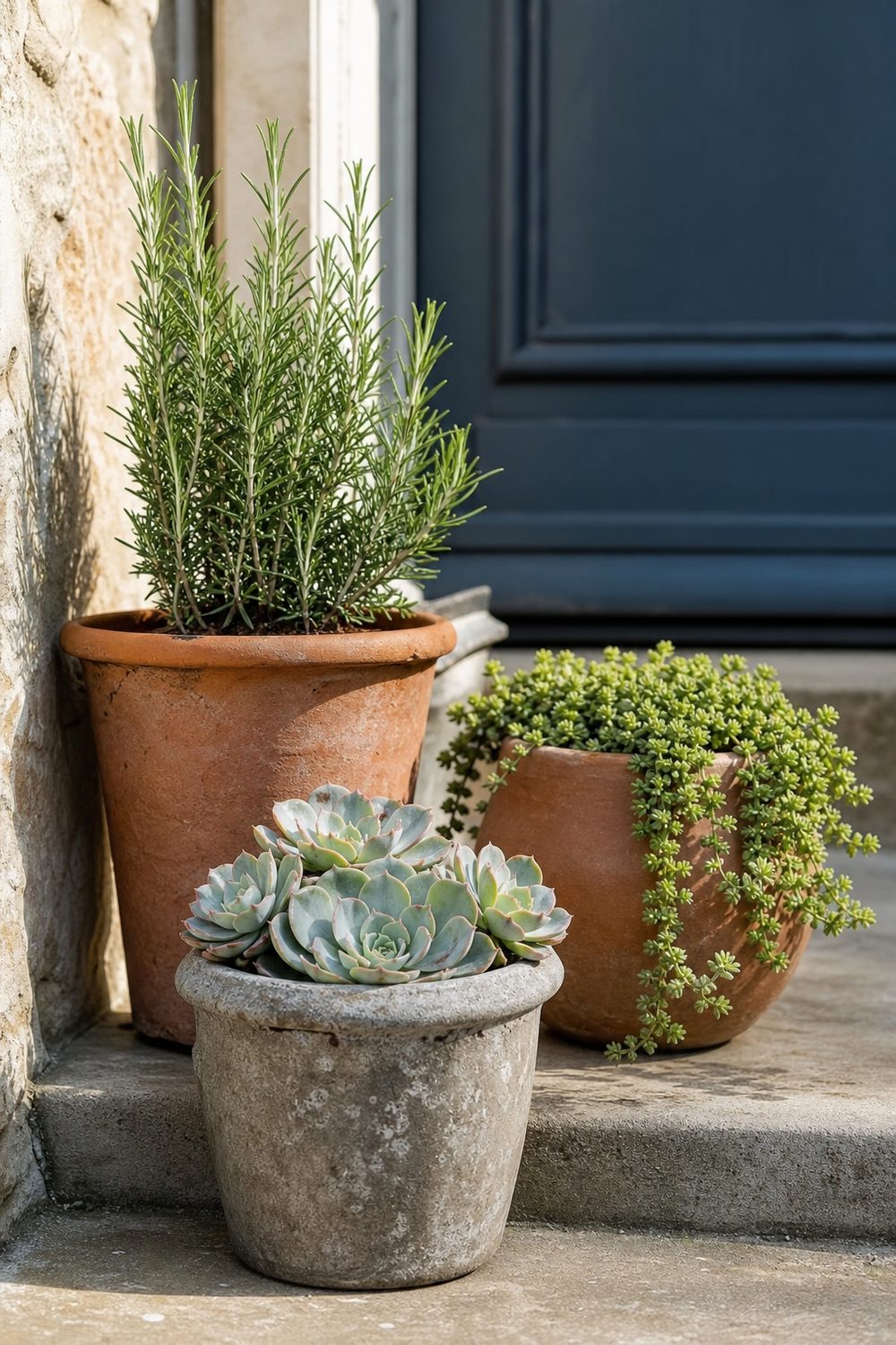 Cluster of three terracotta and stone pots with rosemary, echeveria, and trailing sedum on a front step in bright morning light